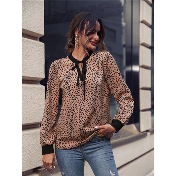 Animal Print Contrast Trim Tie Front Blouse - Picture 7 of 7